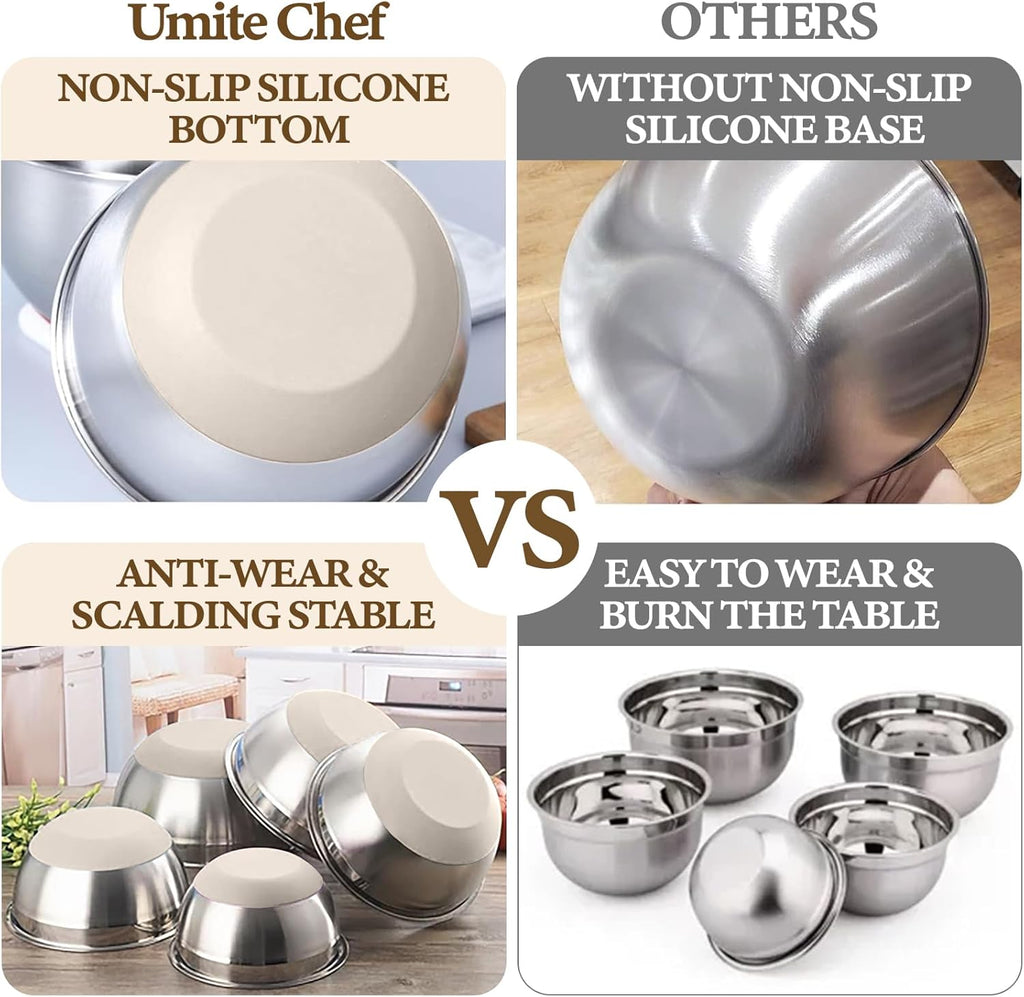 Mixing Bowls with Airtight Lids Set, 8PCS Stainless Steel Nesting Bowls with Grater Attachments, Non-Slip Bottoms, 5, 4, 3.5, 2, 1.5QT for Mixing & Serving