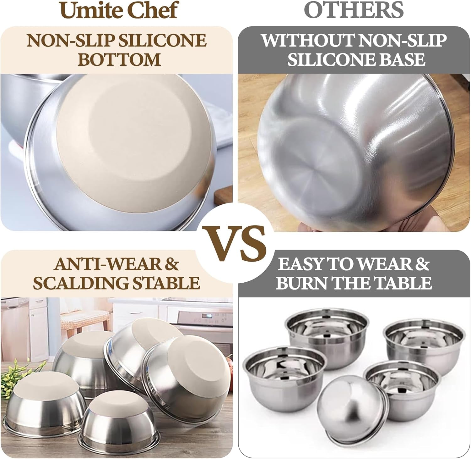Mixing Bowls with Airtight Lids Set, 8PCS Stainless Steel Nesting Bowls with Grater Attachments, Non-Slip Bottoms, 5, 4, 3.5, 2, 1.5QT for Mixing & Serving
