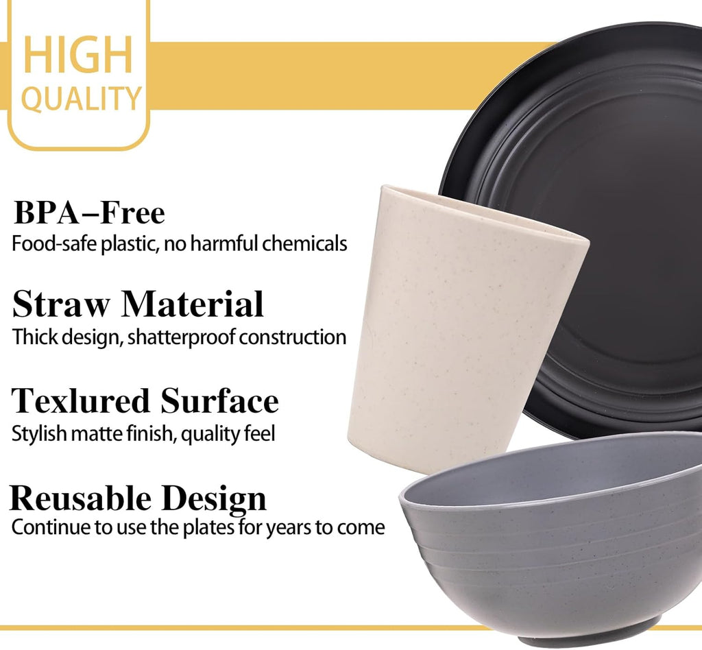 Wheat Straw Dinnerware Sets, 16PCS Plastic Dinnerware Set for 4, Wheat Straw Plates and Bowls Sets, Unbreakable Dinnerware Plastic Microwave Safe Dishes Set for Kitchen&Camping