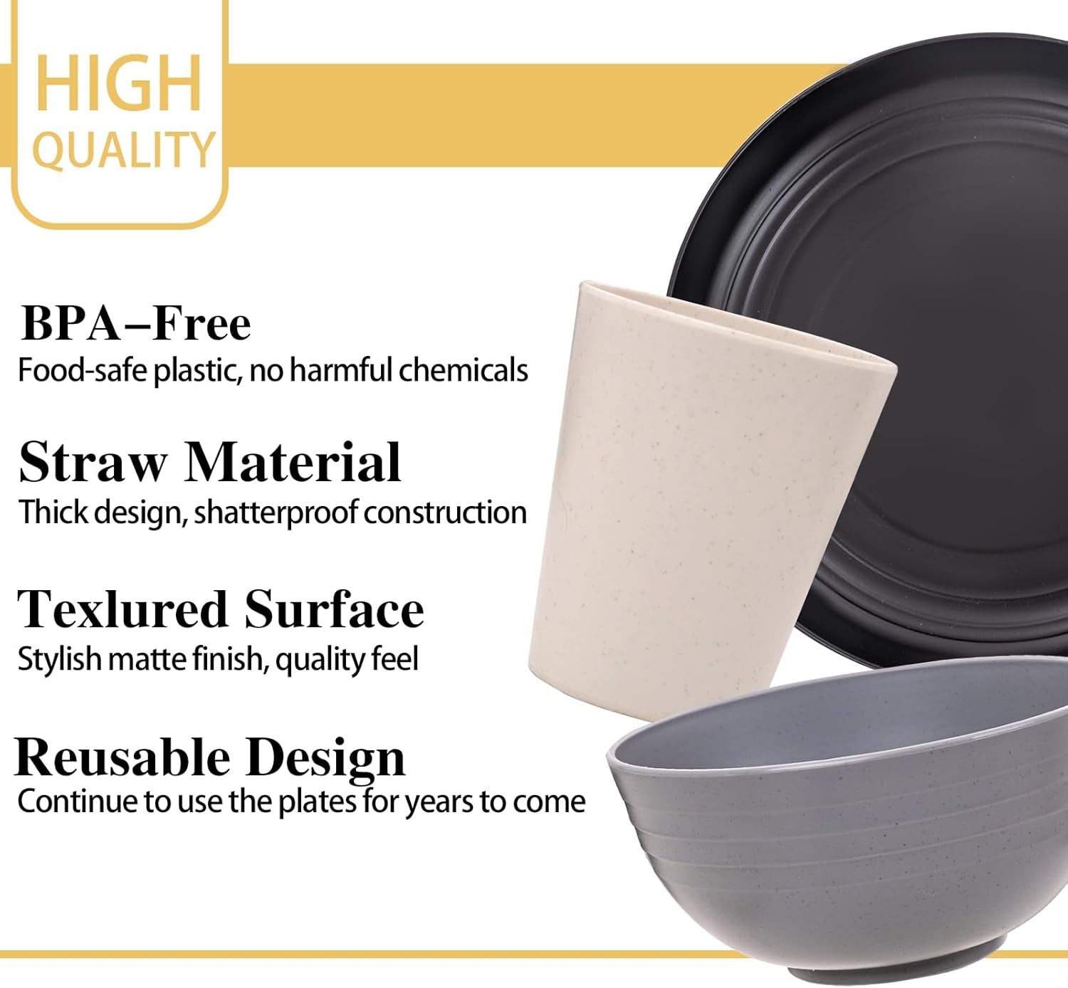 Wheat Straw Dinnerware Sets, 16PCS Plastic Dinnerware Set for 4, Wheat Straw Plates and Bowls Sets, Unbreakable Dinnerware Plastic Microwave Safe Dishes Set for Kitchen&Camping