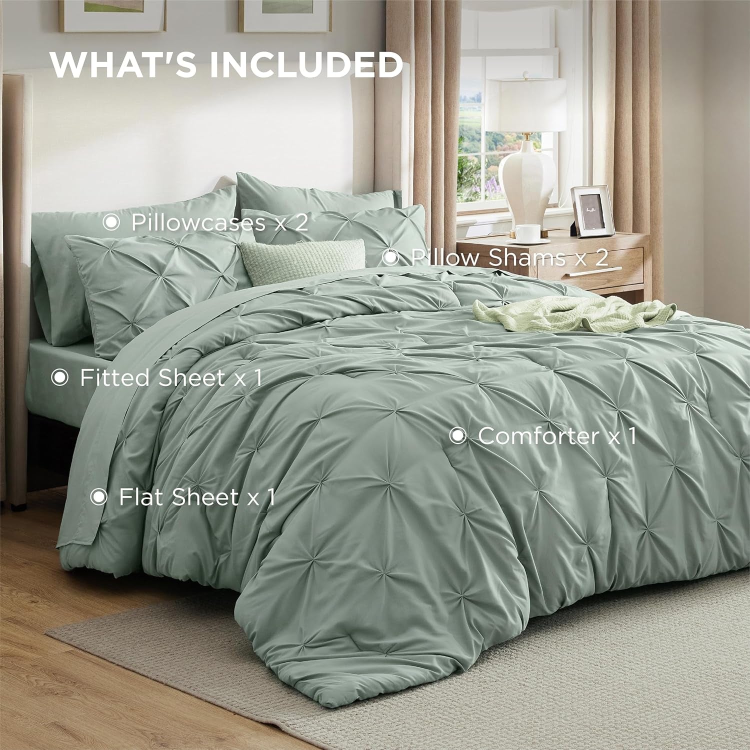 Bedsure Sage Green Comforter Set - Bed in a Bag Queen Size Bedding 7 Pieces, Green Decor Gift for Family, All Season down Alternative Comforter with Sheets, Pillowcases & Shams