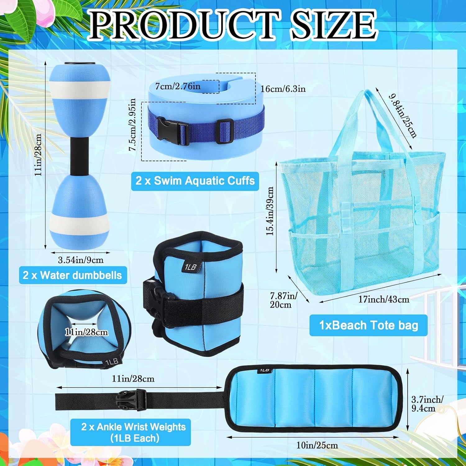 7 Pcs Aquatic Exercise Set Water Aerobics Set Including 2 Ankle/Wrist Weights for Land or Water 2 Exercise Foam Dumbbells Cuffs Large Mesh Beach Bag for Pool Weight Loss