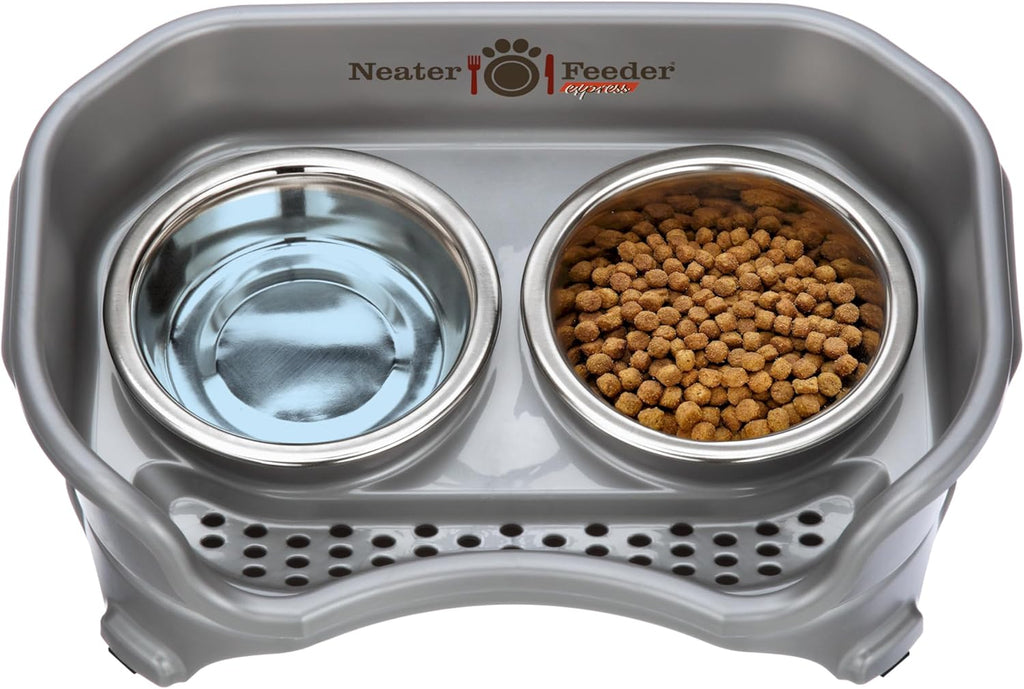 Express Mess Proof Dog Bowls Elevated for Small Breeds under 15 Lb, Made in USA, No Spill Raised Dog Food Bowl Stand, Stainless Steel Food and Water Bowl Set, Feeding Station, Grey