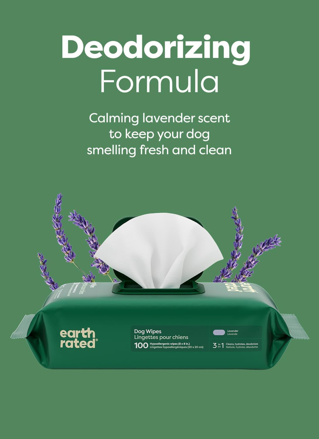 Dog Wipes, Hypoallergenic, 3-In-1 Cleaning and Hydrating, for Grooming Paws, Body and Butt, Lavender Scented, 100 Count