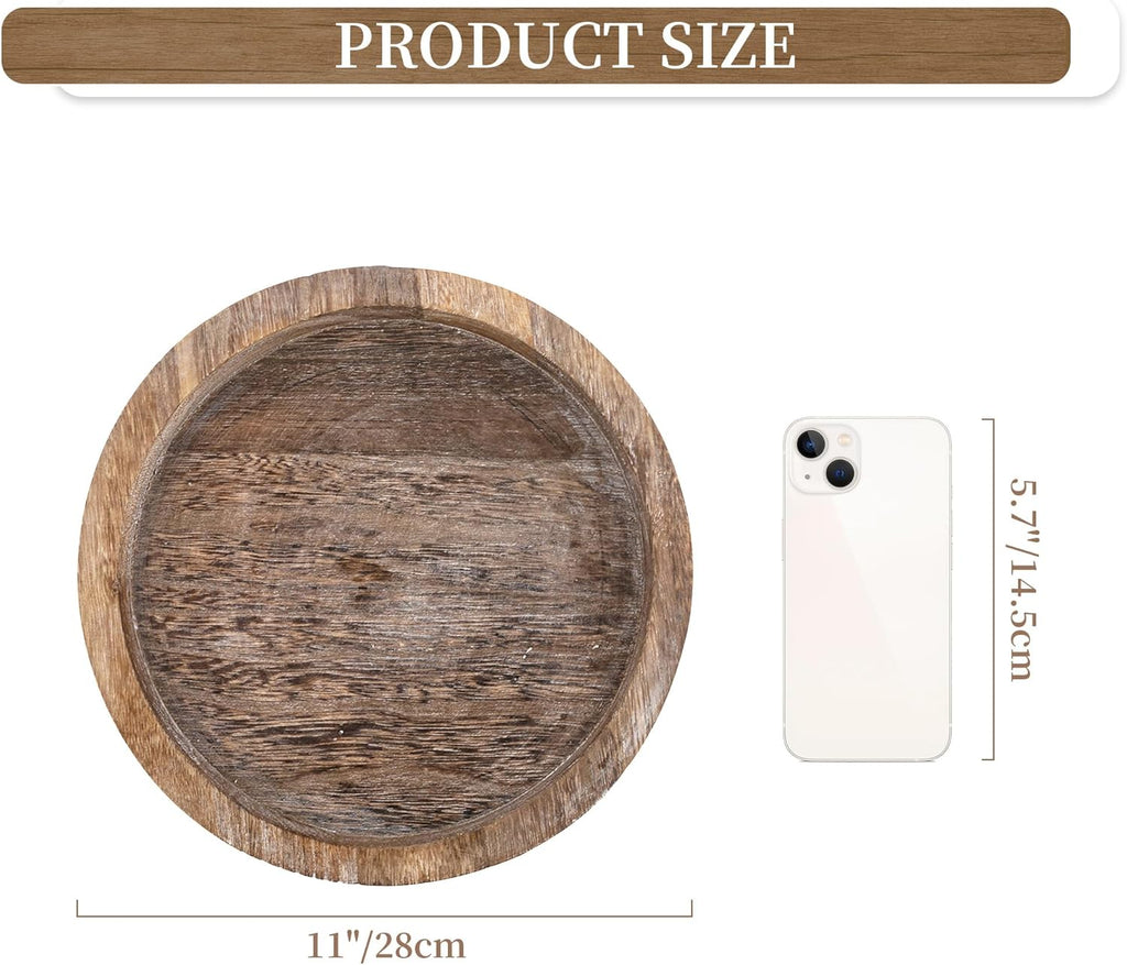 Candle Plate Holder Tray: round Wood Decorative Candle Plate - Rustic Farmhouse Coffeetable Decor - Tealight Pillar Trays for Home Decor (Distressed)