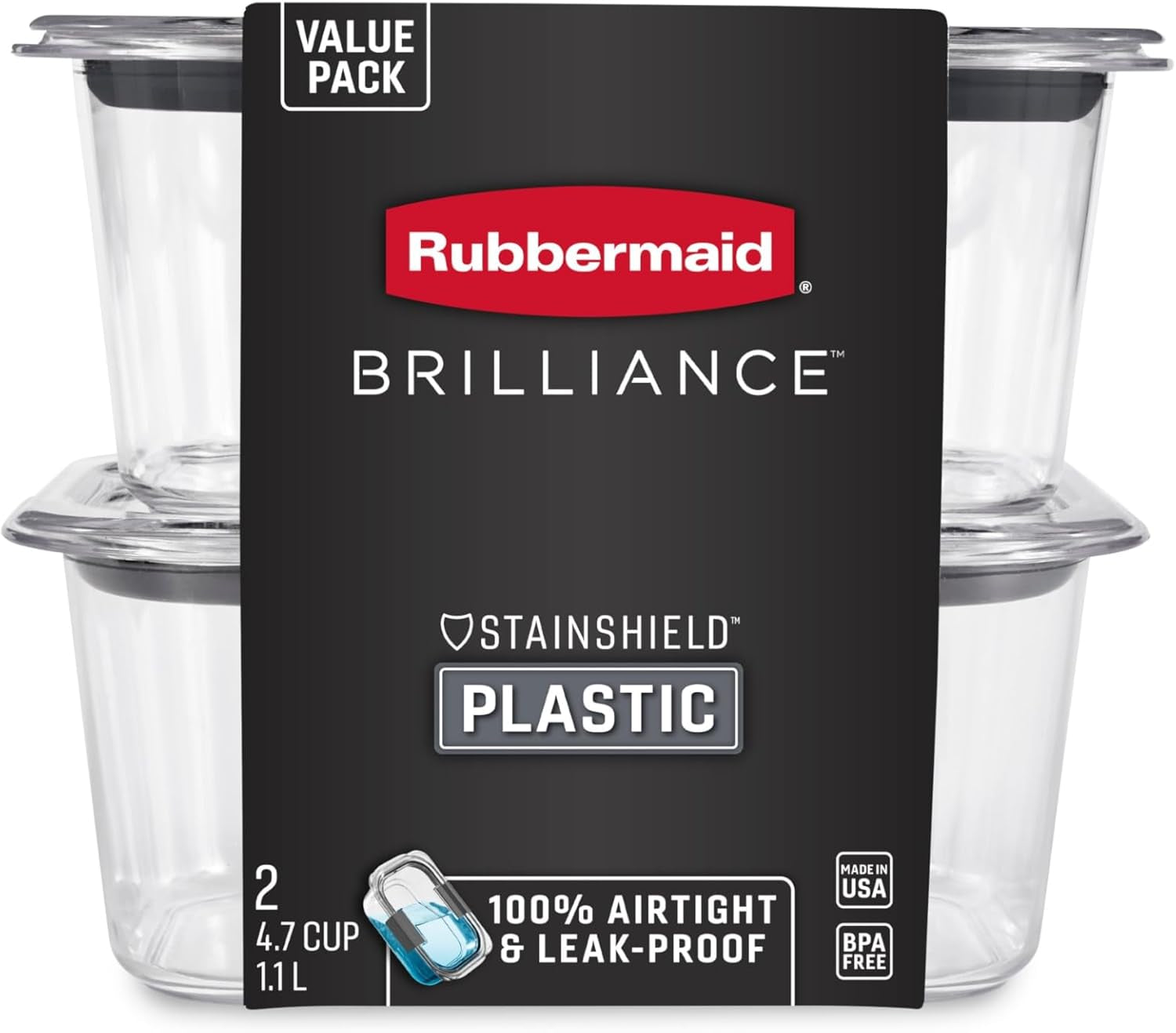 Brilliance Bpa-Free Food Storage Containers, Medium Deep, 4.7 Cup, 2-Pack, Airtight & Leak-Proof, Microwave & Dishwasher Safe