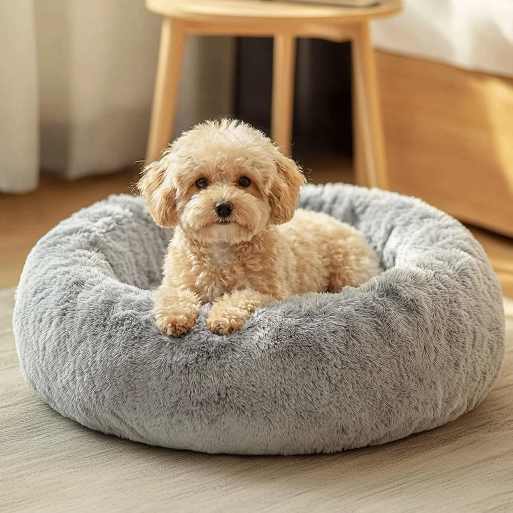 Small Dog Bed, Calming Dog Beds for Small Dogs & Indoor Cats - 20 Inches Donut Washable Cat Bed for Kittens & Puppies, round Fluffy Plush Faux Fur Pet Beds(Smoke Grey)