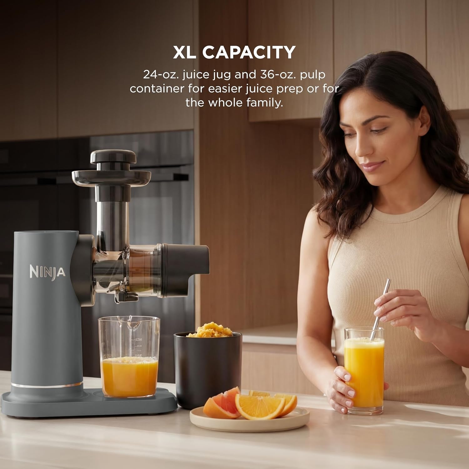 Neverclog Cold Press Juicer | Powerful Electric Slow Masticating Juicer with Pulp Control | XL Capacity | 24 Oz. Juice Jug & 36 Oz. Pulp Container | Dishwasher Safe | Charcoal | 150W | JC151