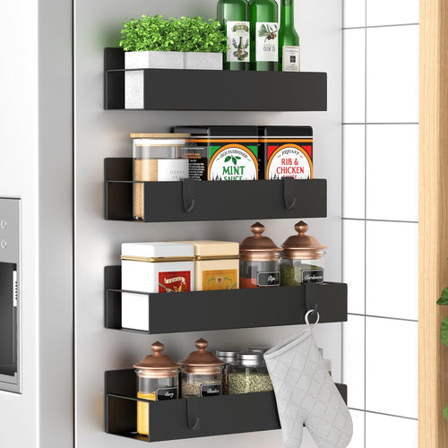 4 Pack Magnetic Spice Storage Rack Organizer for Refrigerator and Oven, Black Fridge Organizers and Storage
