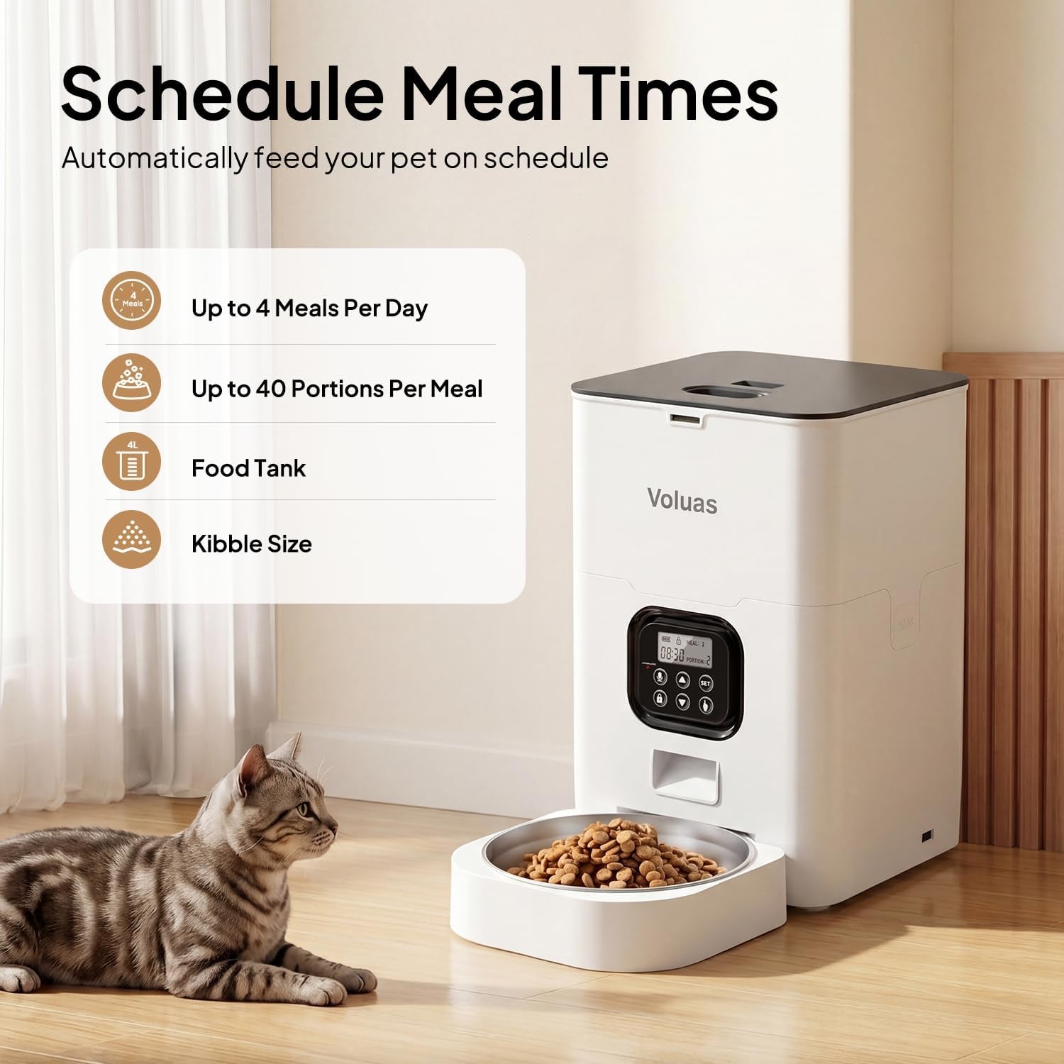 Automatic Cat Feeders - Timed Pet Feeder for Cats and Dogs with Dry Food Dispenser, Desiccant Bag, Programmable Portion Control, 4 Daily Meals, 10S Voice Recorder