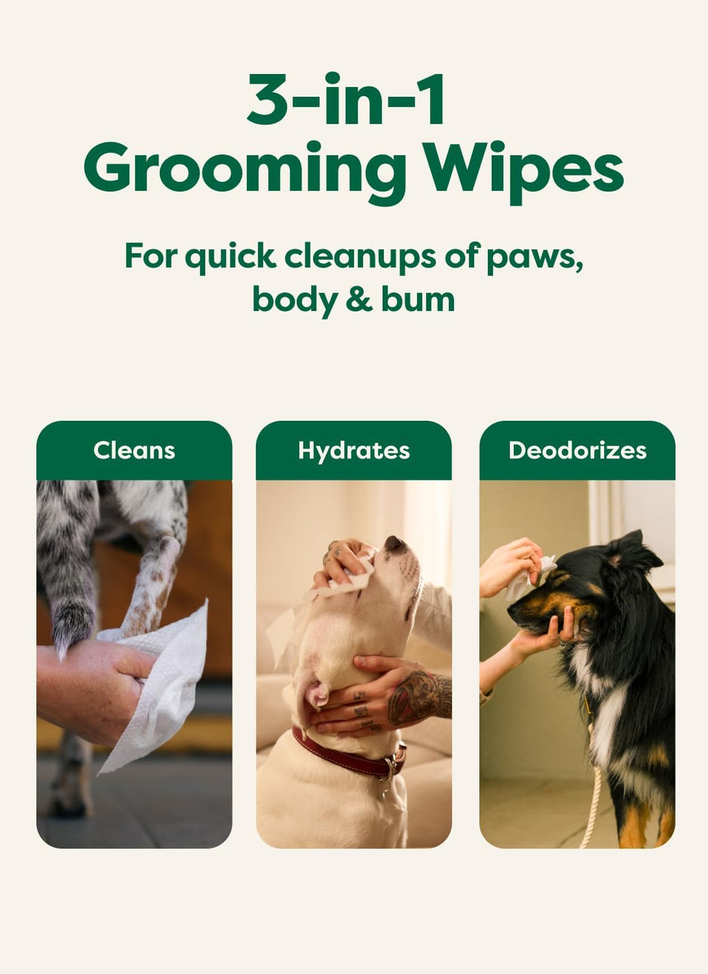 Dog Wipes, Hypoallergenic, 3-In-1 Cleaning and Hydrating, for Grooming Paws, Body and Butt, Lavender Scented, 100 Count