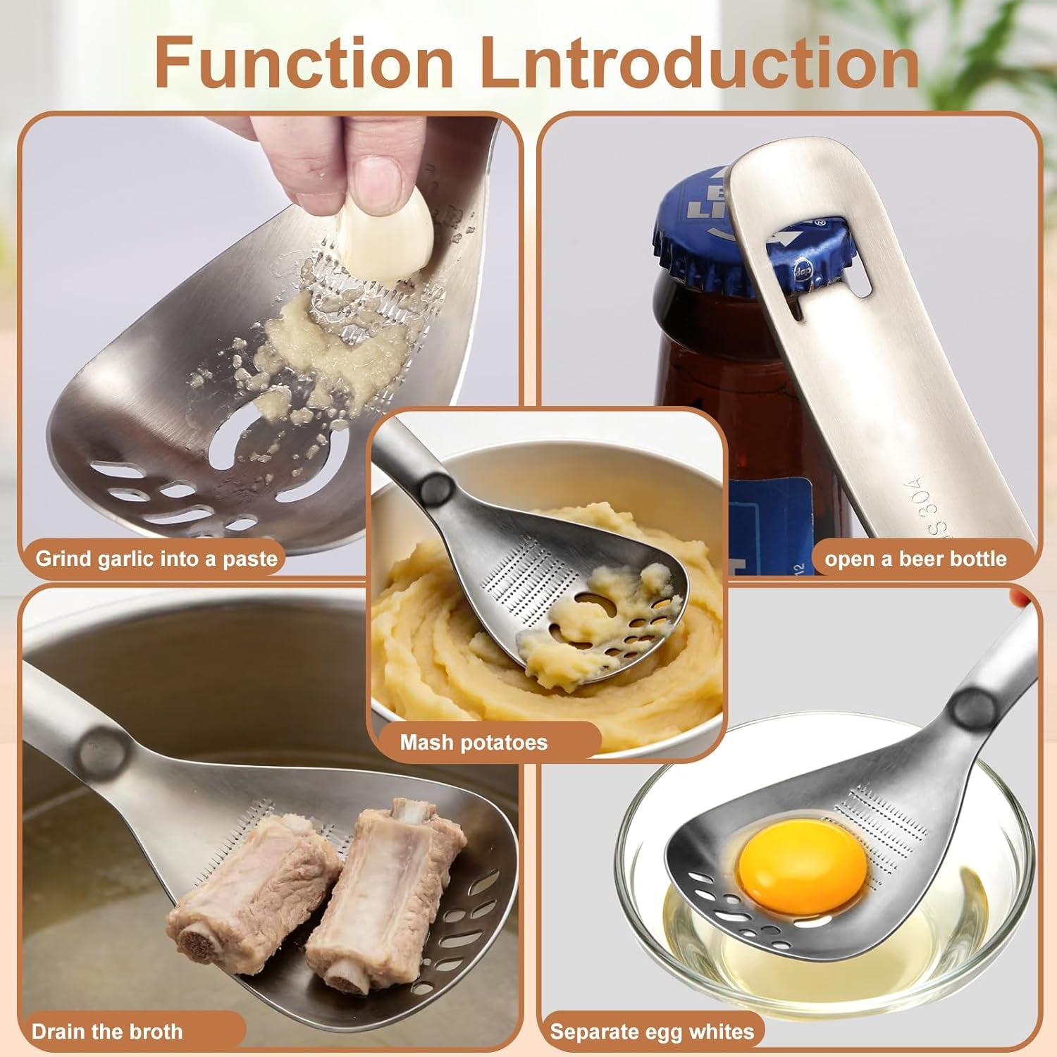 Multifunctional 5-In-1 Cooking Spoon, 18/8 304 Stainless Steel Kitchen Tool for Potato Masher, Egg Separator, Bottle Opener and Mixing Stirrer