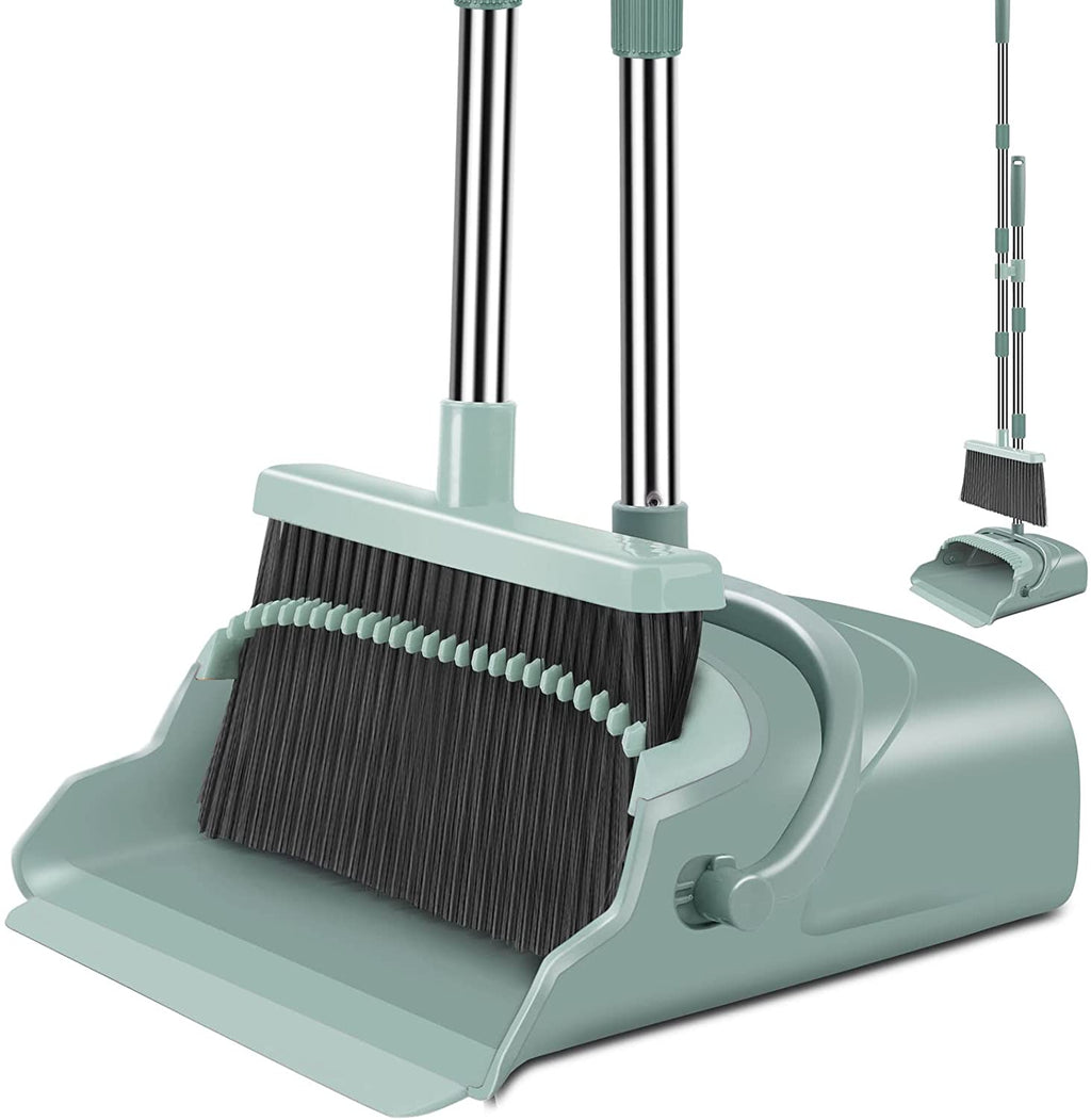 Upgrade Broom and Dustpan Set, Large Size and with Long Handle, Upright,Ideal for Indoor Outdoor Garage Kitchen Room Office Lobby Use (Green)