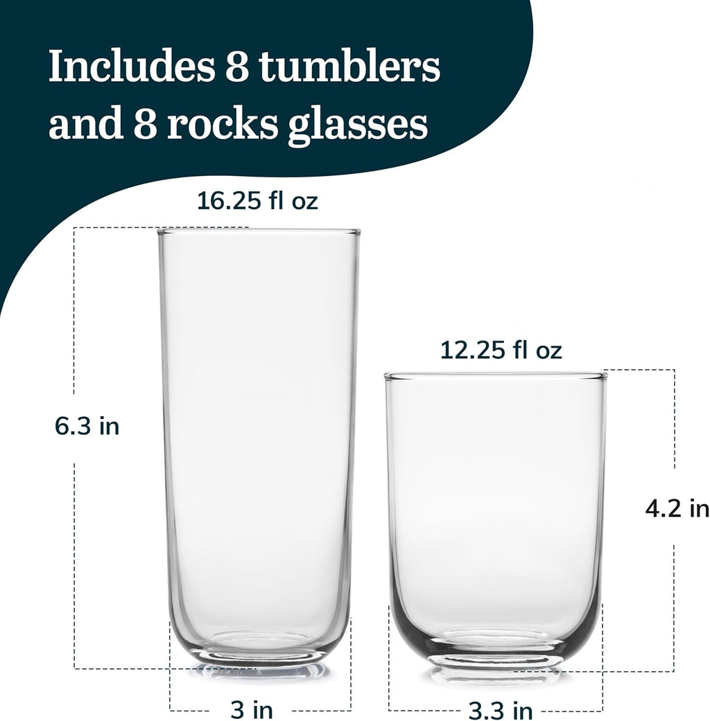Polaris Tumbler and Rocks, Axis Glass Cups Set of 16, Elegant Mixed Drinking Glasses with Modern Clean Lines, Dishwasher Safe Glassware Set