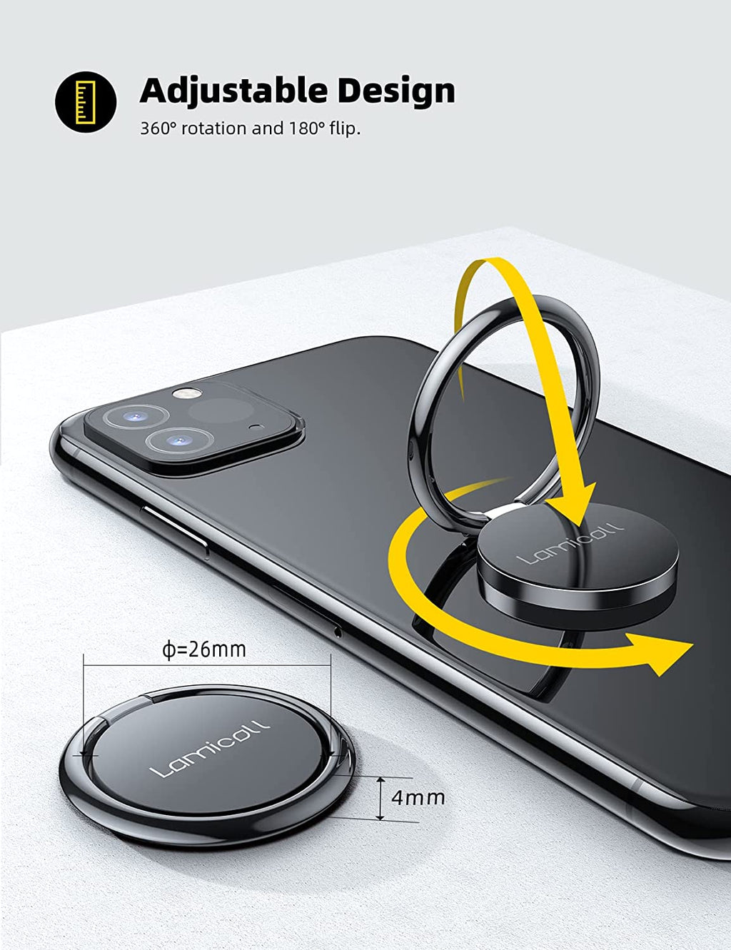 Cell Phone Ring Holder Stand - Phone Finger Gip Kickstand, 360° Rotation Polished Metal Grip for Magnetic Car Mount, Fit for Iphone 17/16/15/14 Pro Max Air, Android Smartphone Accessories