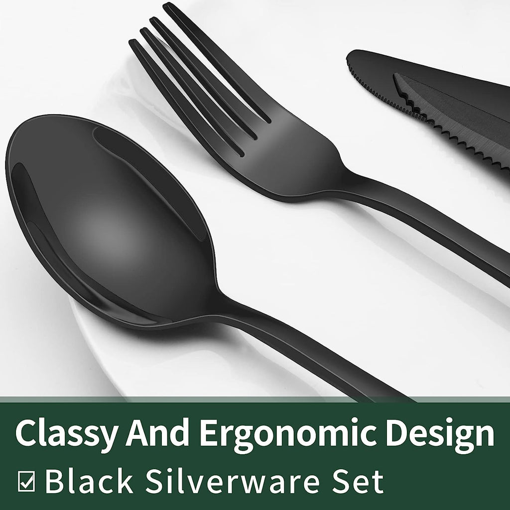 24-Piece Black Silverware Set with Steak Knives, Black Flatware Set for 4, Food-Grade Stainless Steel Tableware Cutlery Set, Mirror Finished Utensil Sets for Home Restaurant, round Edge