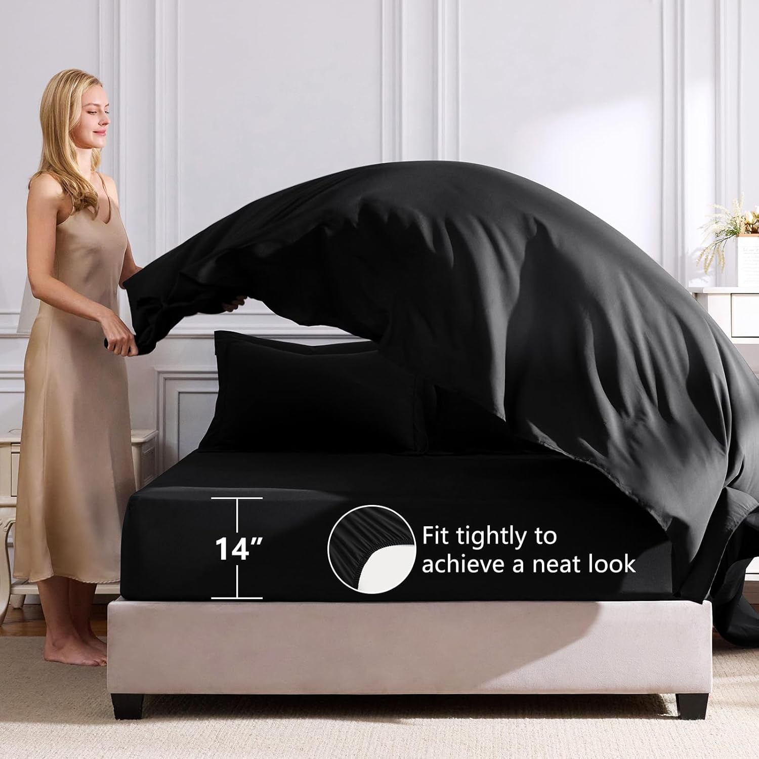 Queen Comforter Set Black - Bed in a Bag Queen Size 7 Pieces, Luxury Soft Bed Set for All Seasons, Bedding Set with down Alternative Comforter, Sheets, Pillowcases & Shams