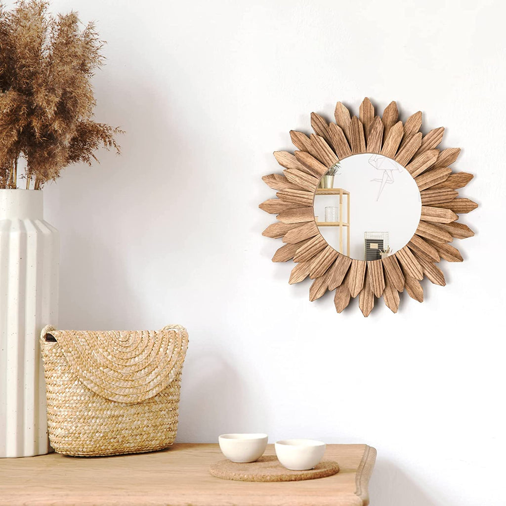 Wall Mirror Decorative 12 Inch Rustic Wood Mirror Sunburst Boho Mirror for Entryway Bedroom Living Room Bathroom House Warming Gifts New Home Essential Carbonized Black