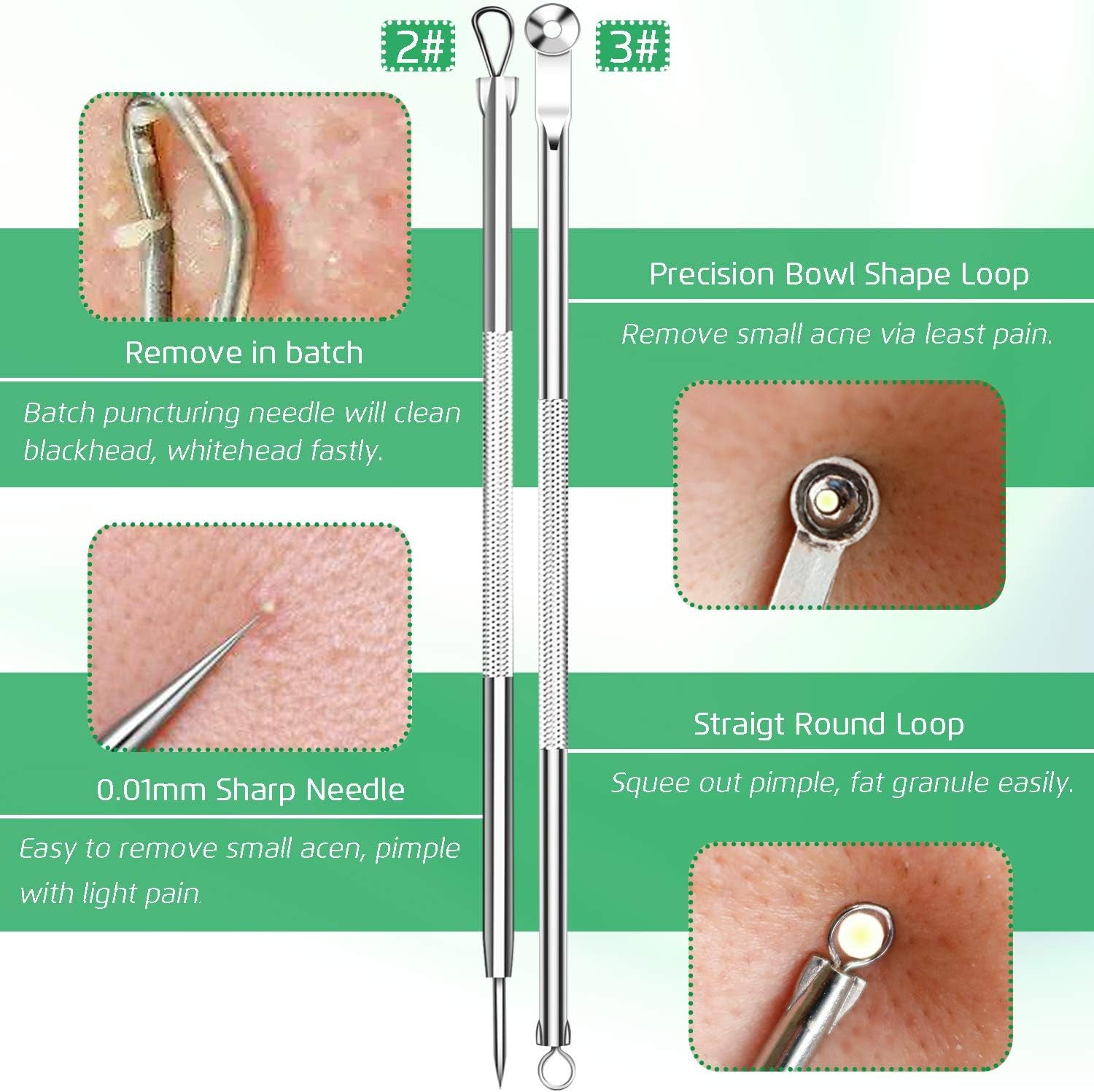 5PCS Blackhead Remover Comedone Extractor, Curved Blackhead Tweezers Kit, Professional Stainless Pimple Acne Blemish Removal Tools Kit for Manual