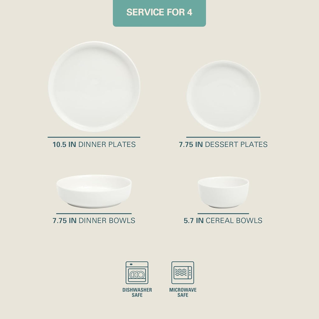 Oslo Dinnerware Set for 4, 16-Piece White Porcelain Plates and Bowls — Ceramic Dish Set | Microwave & Dishwasher Safe