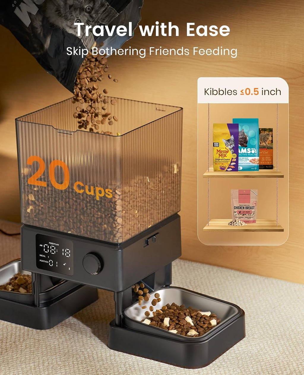 Automatic Cat Feeder for 2 Cats, 20 Cups/5L Automatic Cat Food Dispenser for Small Pets Indoor, Timed Cat Feeder for Dry Food