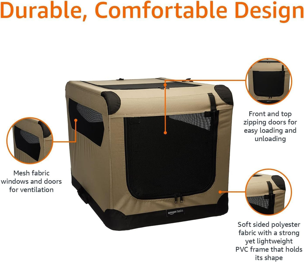 Portable Folding Soft Dog Crate, Double Door, Collapsible Travel Kennel, Easy to Assemble, Medium, 29.92" X 21.3" X 21.3", Tan