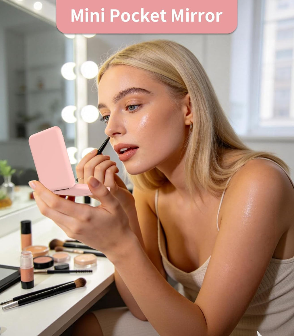 Small Lighted Makeup Mirror for Purse, 1X/3X Magnification LED Compact Travel Mirror with Light, Portable Mirror for Pocket or Bag, Cute Pink Gift for Girls,Women