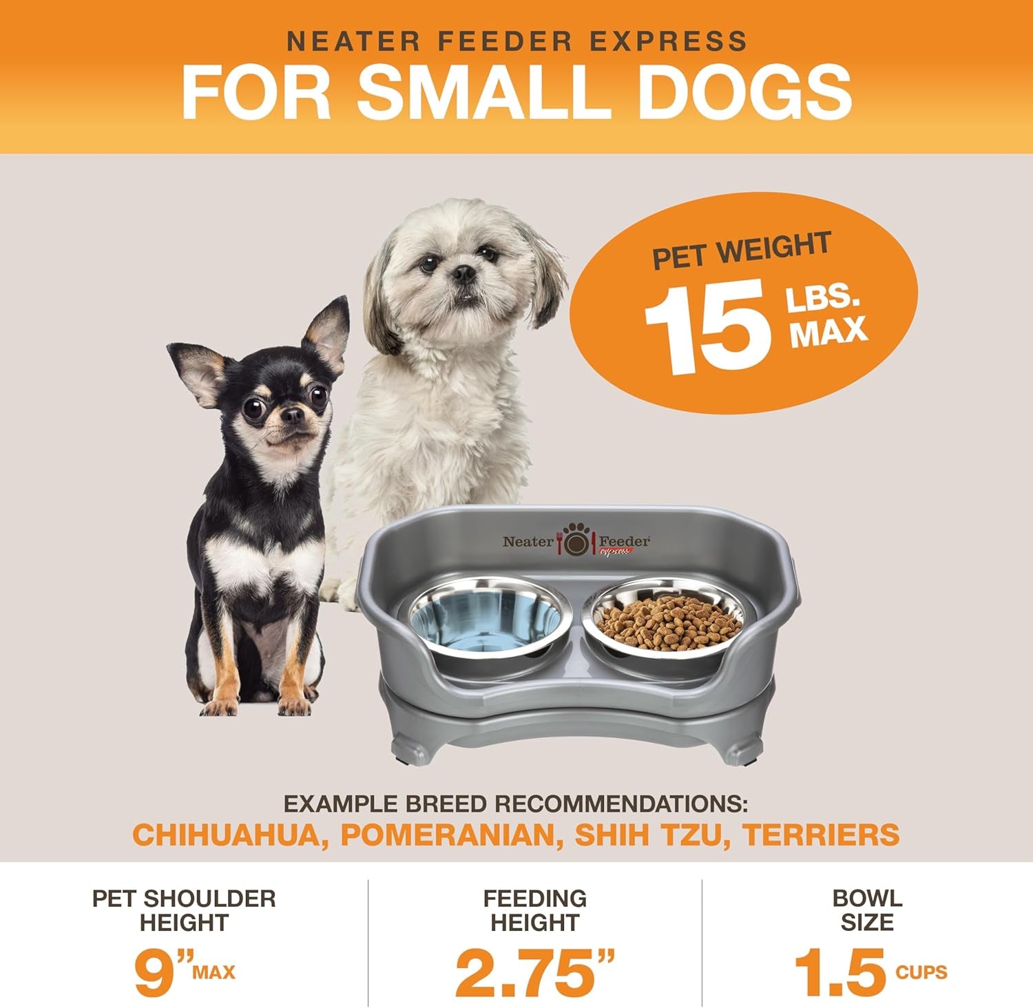 Express Mess Proof Dog Bowls Elevated for Small Breeds under 15 Lb, Made in USA, No Spill Raised Dog Food Bowl Stand, Stainless Steel Food and Water Bowl Set, Feeding Station, Grey