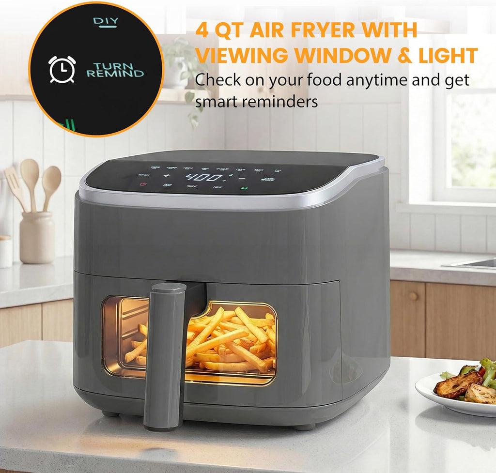Air Fryer 4 Quart with Window, 1500W Digital Airfryer with 8 Presets, 60-Min Timer, Max 400°F, Auto Shut off & Nonstick Dishwasher Safe Basket, Shake Reminder for Small Kitchen