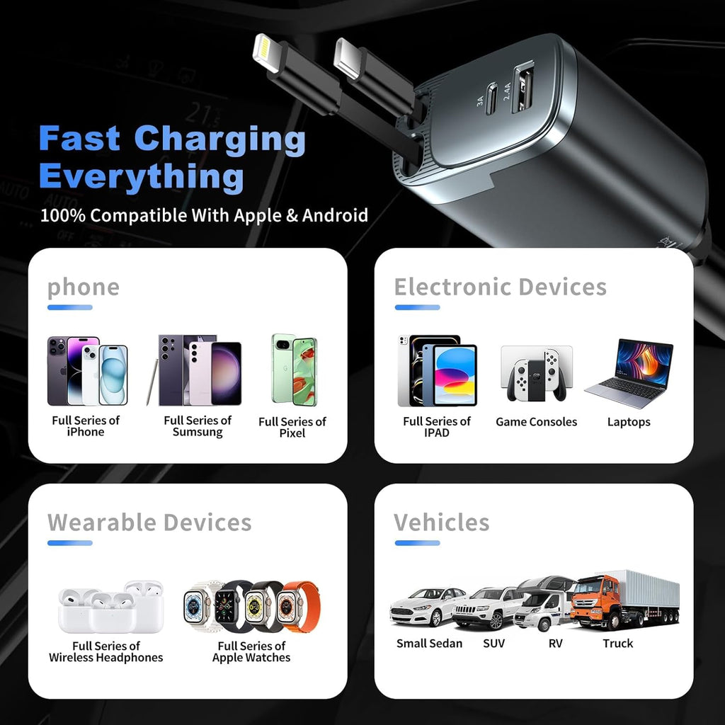 Retractable Car Charger 4 in 1, Car Charger USB C Fast Charge 84W Cigarette Lighter USB Charger, Travel Essentials Car Accessories Gifts for Men Women for Iphone 17 16 15 14 13 12 Pro Max, Samsung