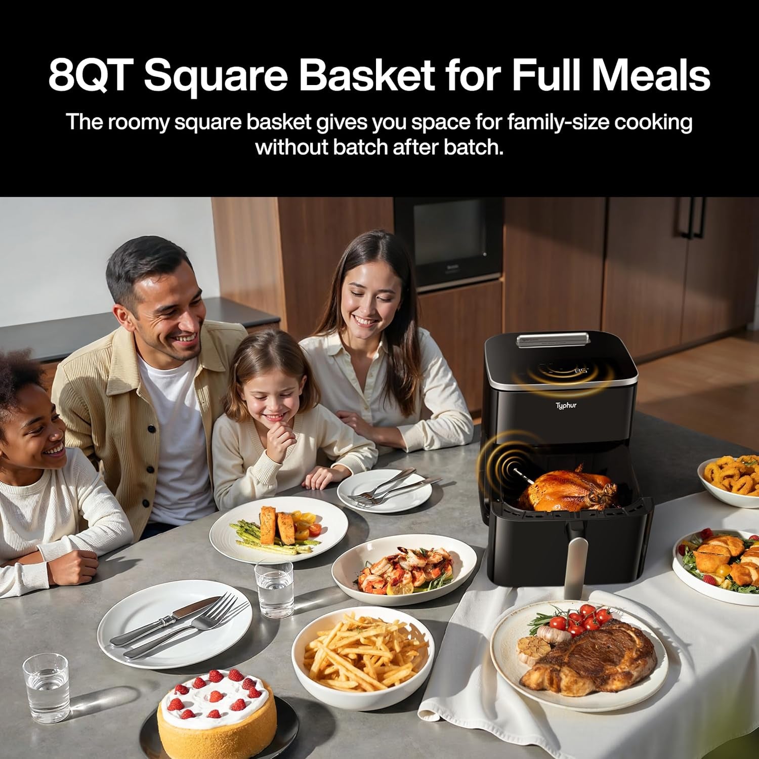 Sync 8QT AI Smart Air Fryer with Built-In Wireless Meat Thermometer, 9-In-1 XL Non Toxic Ceramic Airfryer, 450°F Max, Cooks 6Lb Whole Chicken, Quiet & Dishwasher Safe, 120V