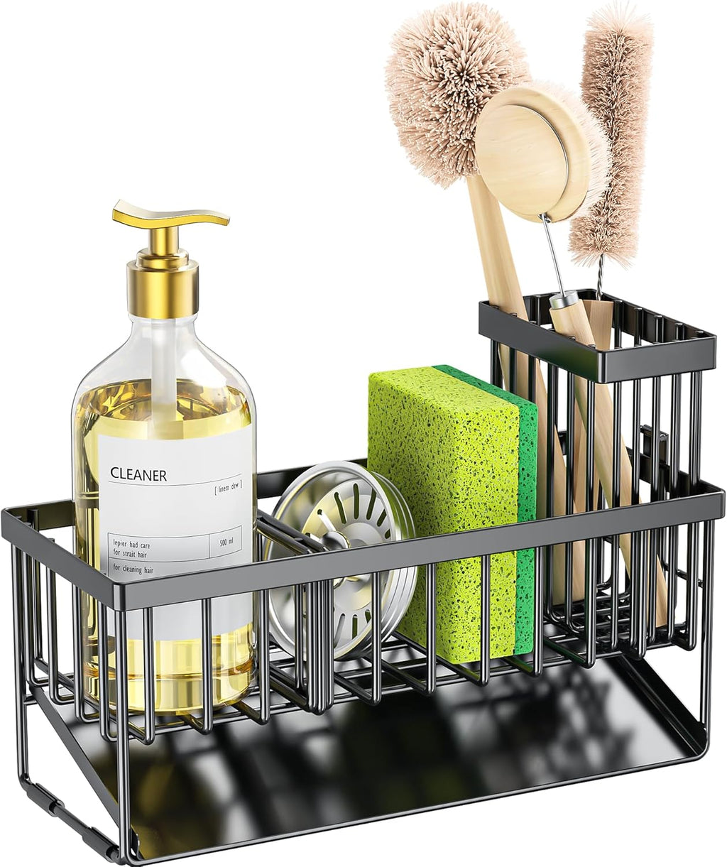 Sink Caddy Sponge Holder for Kitchen with Brush Holder and Stainless Steel Self Drain Tray, Rustproof Kitchen Sink Organizer for Sponge, Soap Dispenser Storage Accessories