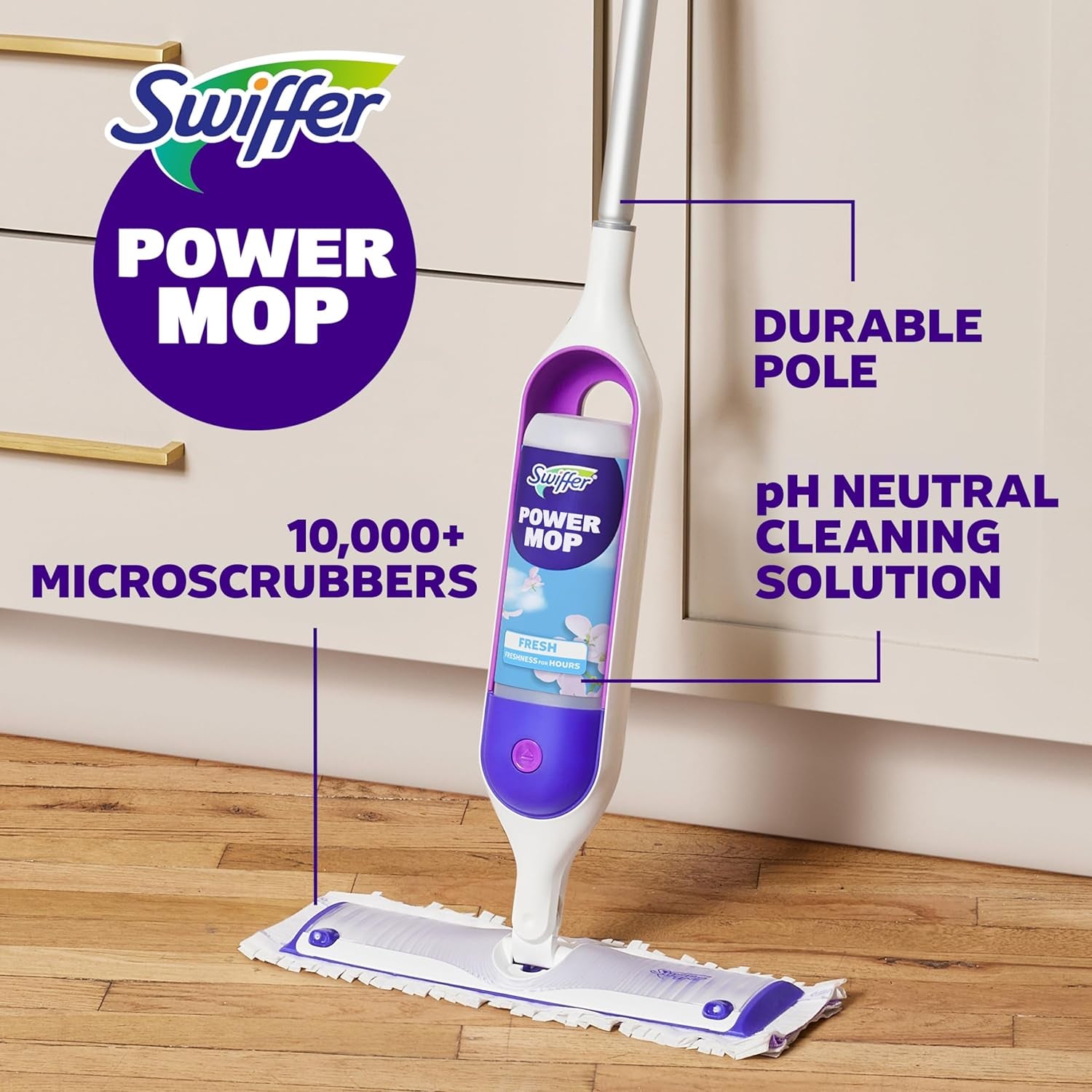 Powermop Multi-Surface Mop Kit for Floor Cleaning, Fresh Scent, Mopping Kit Includes Powermop, 2 Mopping Pad Refills, 1 Floor Cleaning Solution with Fresh Scent and 2 Batteries