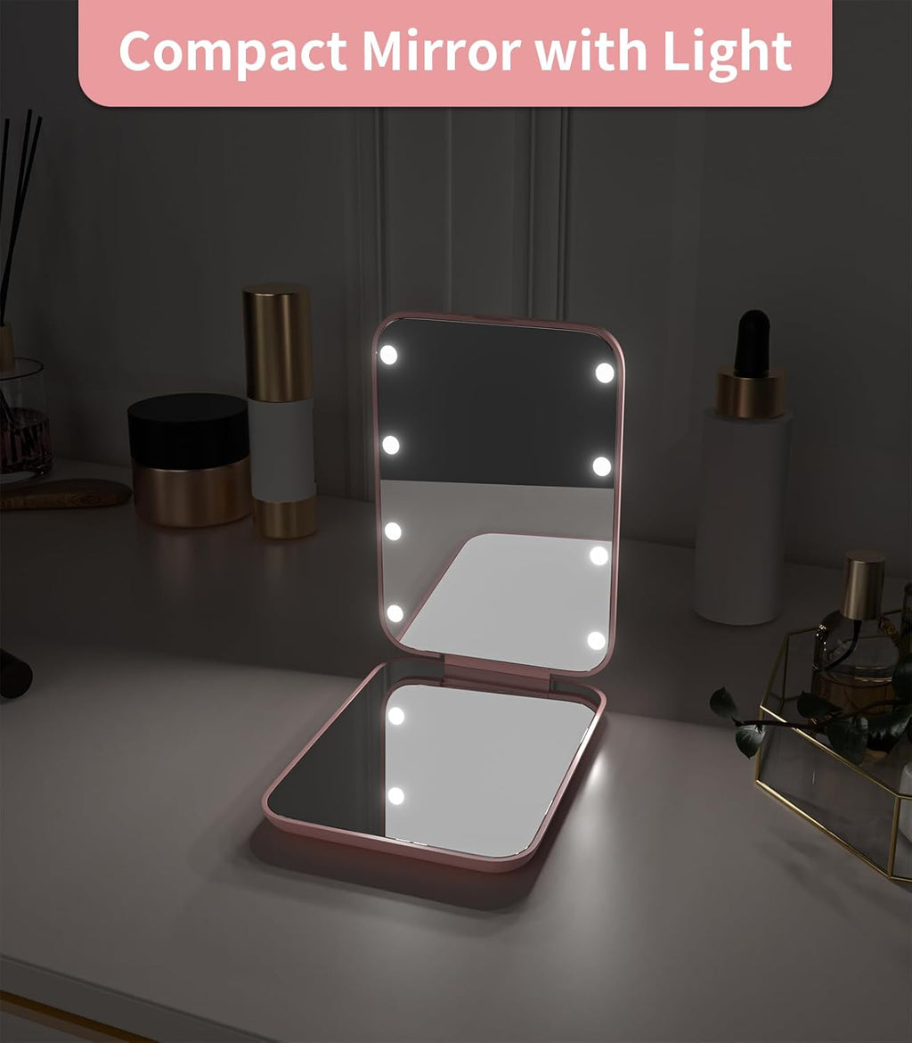 Small Lighted Makeup Mirror for Purse, 1X/3X Magnification LED Compact Travel Mirror with Light, Portable Mirror for Pocket or Bag, Cute Pink Gift for Girls,Women
