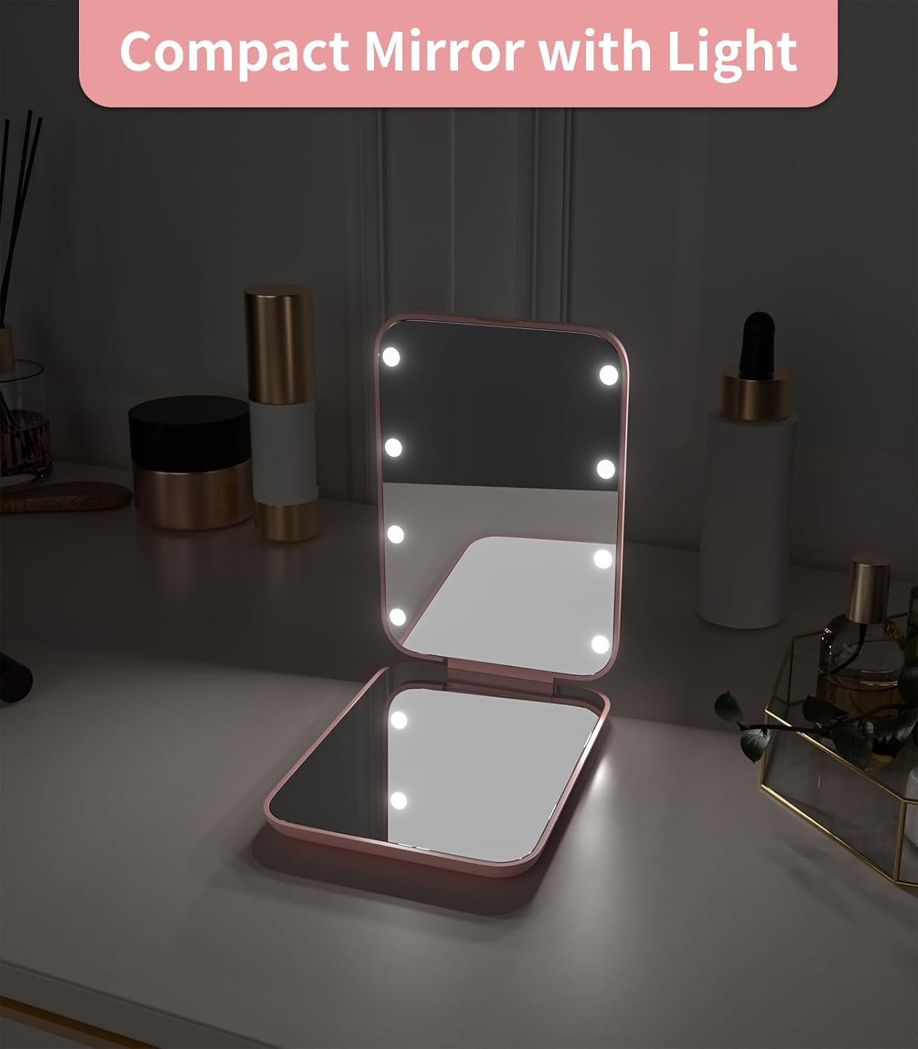 Small Lighted Makeup Mirror for Purse, 1X/3X Magnification LED Compact Travel Mirror with Light, Portable Mirror for Pocket or Bag, Cute Pink Gift for Girls,Women
