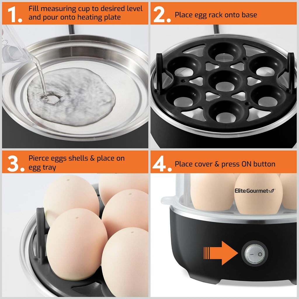 EGC115B Easy Egg Cooker Electric 7-Egg Capacity, Soft, Medium, Hard-Boiled Egg Cooker with Auto Shut-Off, Measuring Cup Included, BPA Free, Classic Black