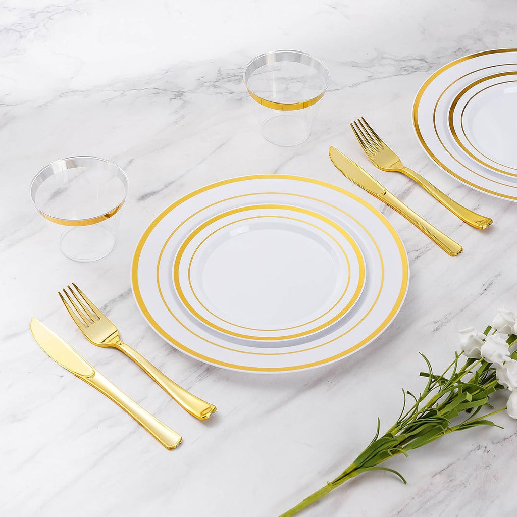 600 Pieces Gold Disposable Plates for 100 Guests, Plastic Plates for Party, Dinnerware Set of 100 Dinner and 100 Dessert Plates, 100 Spoons, 100 Forks, 100 Knives, 100 Cups