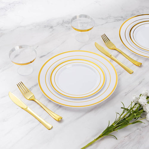600 Pieces Gold Disposable Plates for 100 Guests, Plastic Plates for Party, Dinnerware Set of 100 Dinner and 100 Dessert Plates, 100 Spoons, 100 Forks, 100 Knives, 100 Cups