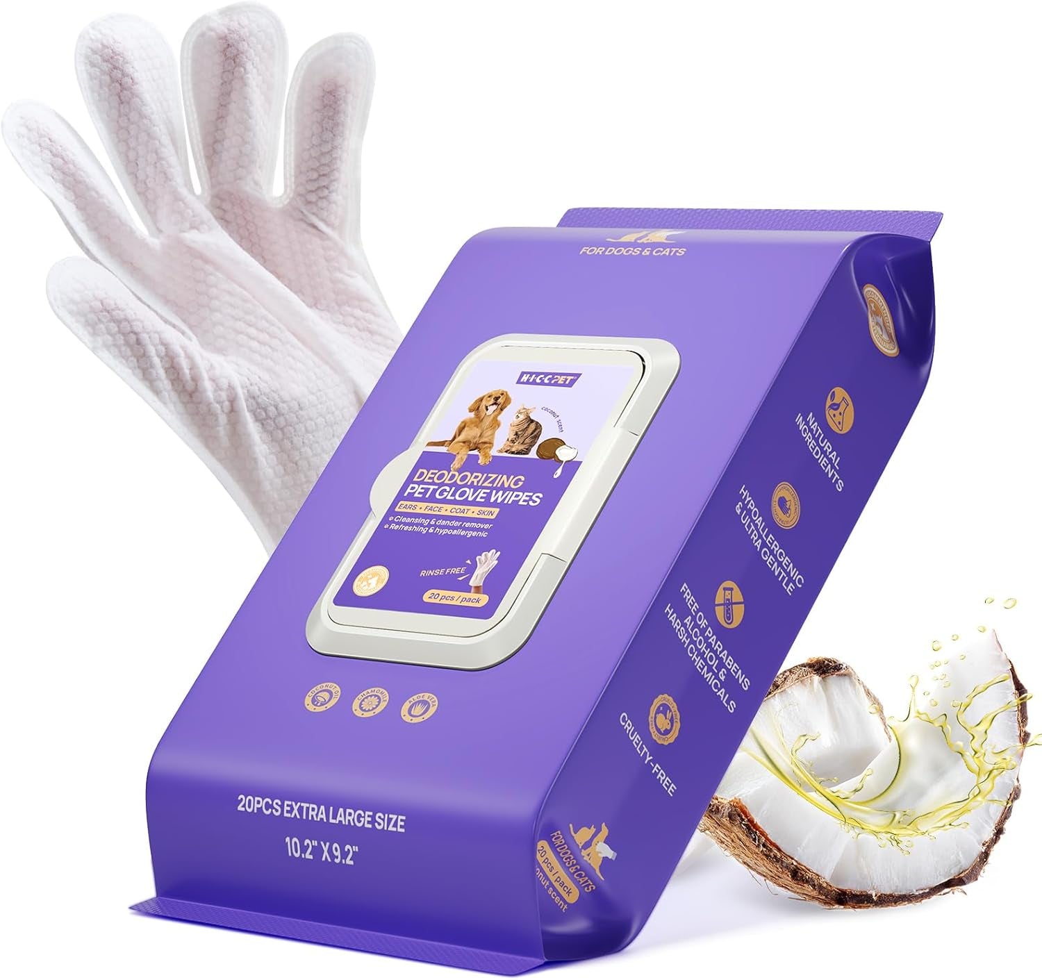 Cleaning Deodorizing Glove Wipes for Dogs & Cats, Vet Recommended Hypoallergenic Hydrating & Nourish Fur Pet Grooming Glove Wipes, Pet Bathing Wipes for Horse Coat Care,20Pcs Coconut Scent