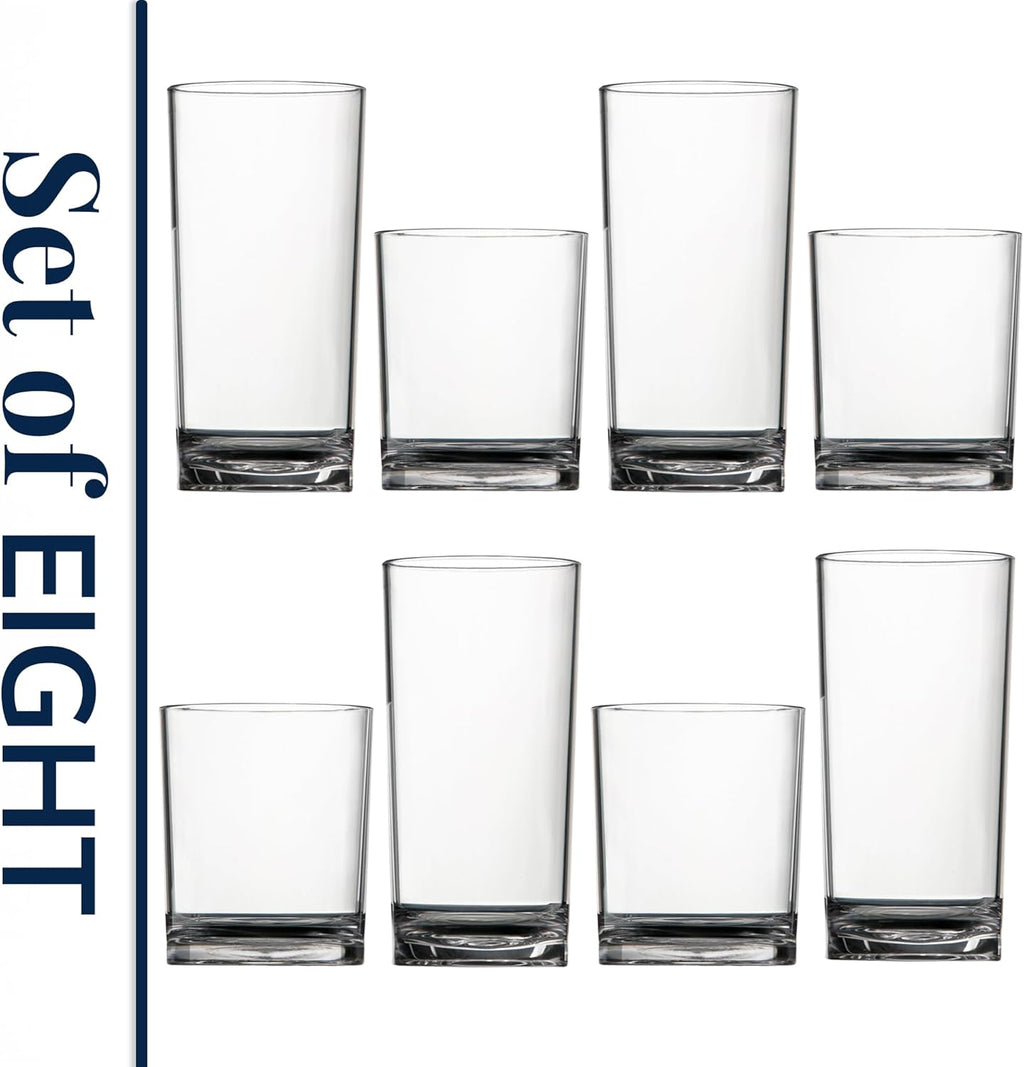 Classic Clear Plastic Reusable Drinking Glasses (Set of 8) 12Oz Rocks & 16Oz Water Cups | Bpa-Free Tumblers, Made in USA | Top-Rack Dishwasher Safe