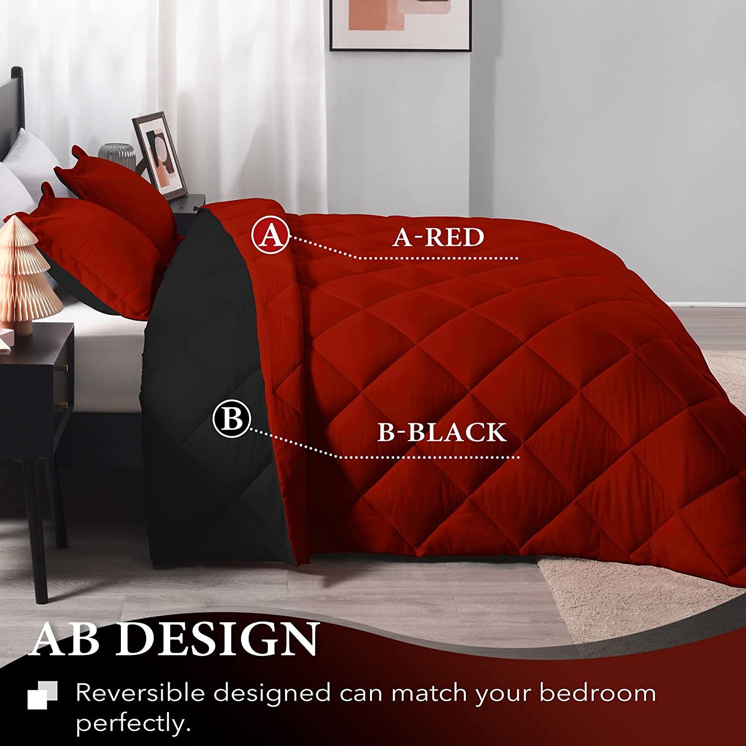 King Size Comforter Set - Red and Black King Comforter, Soft Bedding Sets for All Seasons - 3 Pieces - 1 Comforter (104"X92") and 2 Pillow Shams(20"X36")