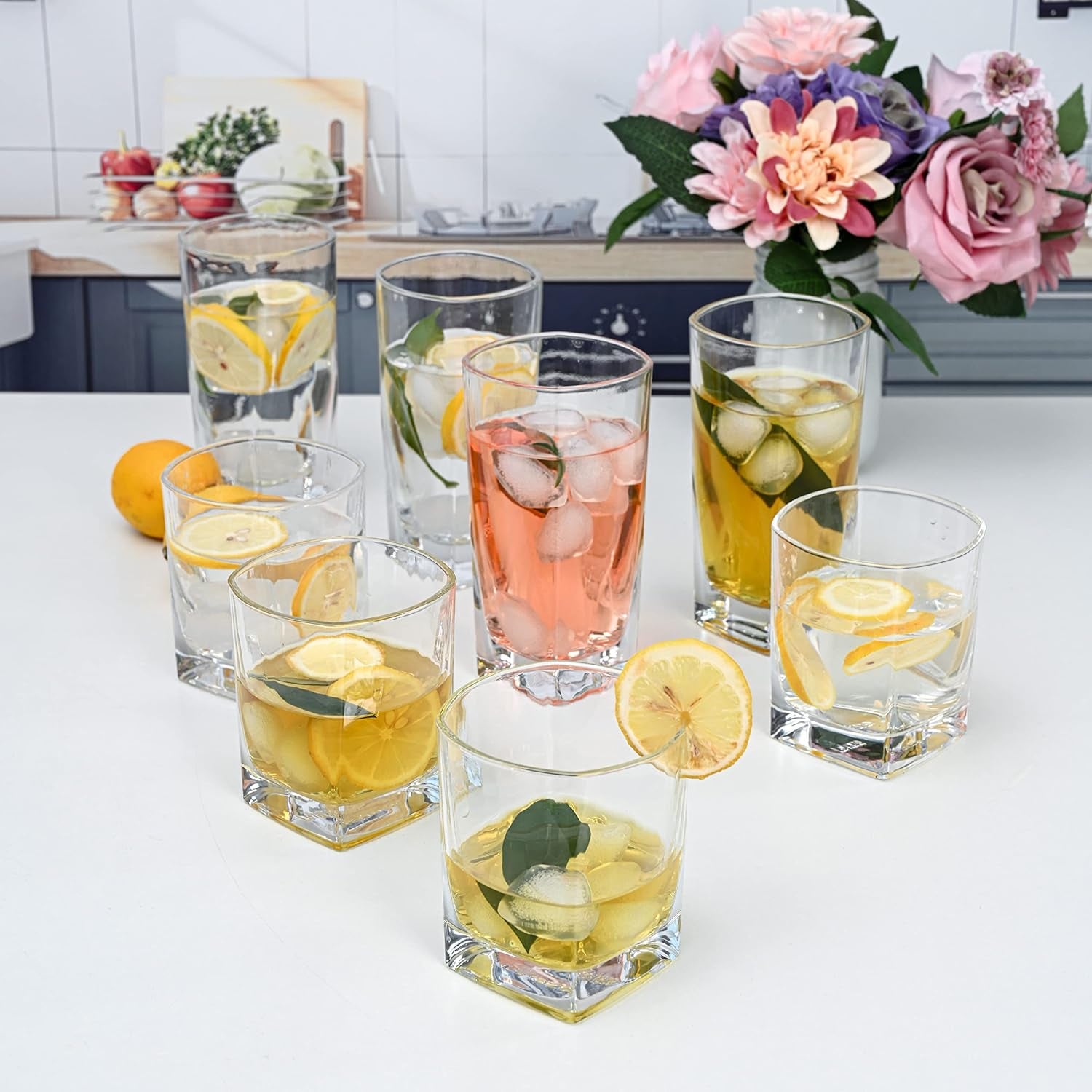Collins Everyday Drinking Glasses Set of 16 Drinkware Kitchen Glasses for Cocktail, Iced Coffee, Beer, Ice Tea, Wine, Whiskey, Water, 8 Tall Highball Glass Cups & 8 Short Old Fashioned.