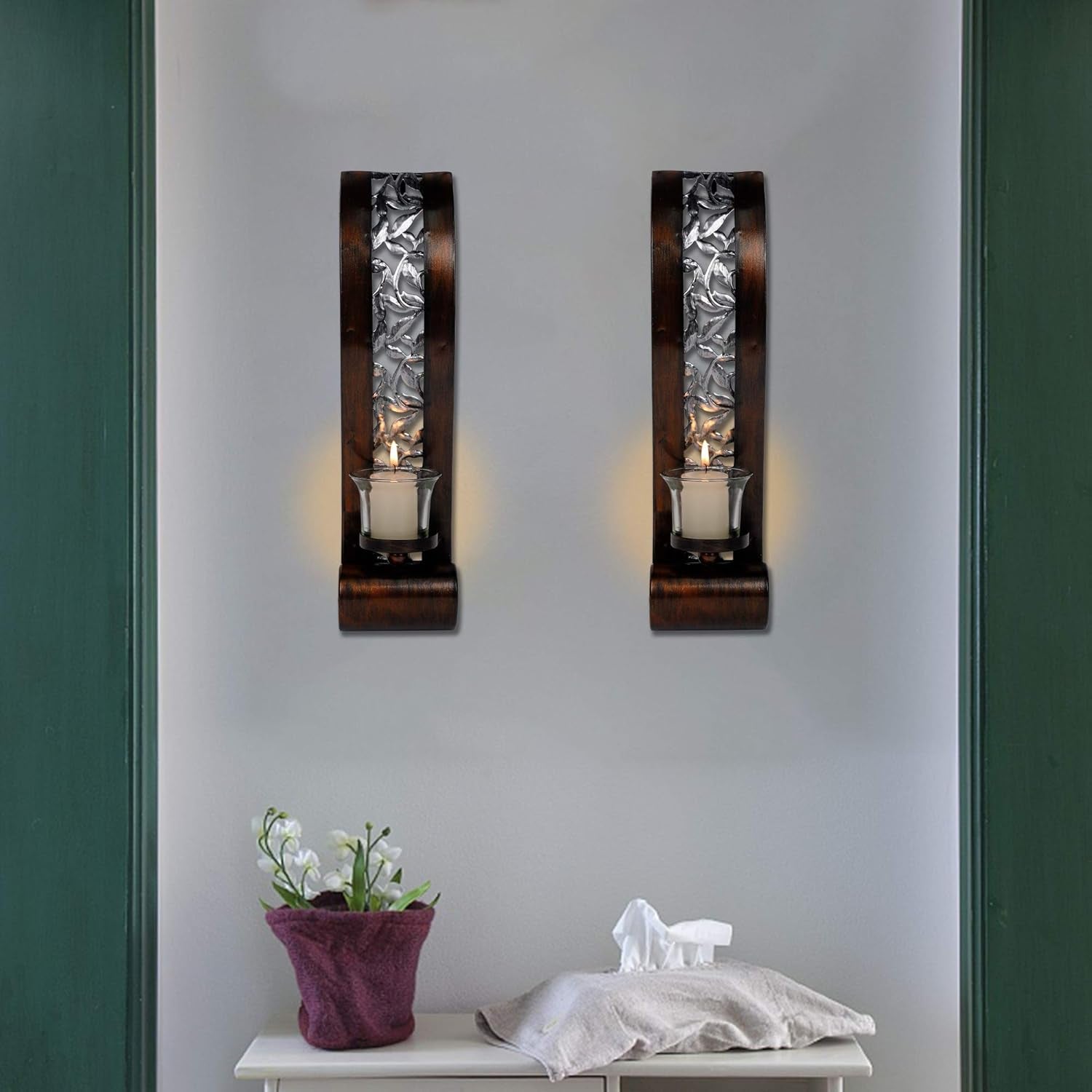 Wall Sconce 14.4 X 3.5 Inch, with Tea Light Candle Holder Antique Bronze Style Metal Wall Art Decorations for Living Room, Bathroom, Dining Room and Office, Set of 2