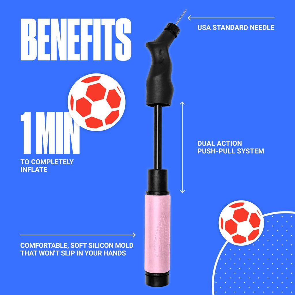 Ball Pump for Sports Balls - Push & Pull Inflating System - Hand Pump for Exercise Balls - Volleyball Pump, Basketball Inflator, Ball Air Pump - Goes with 5 Needles Set