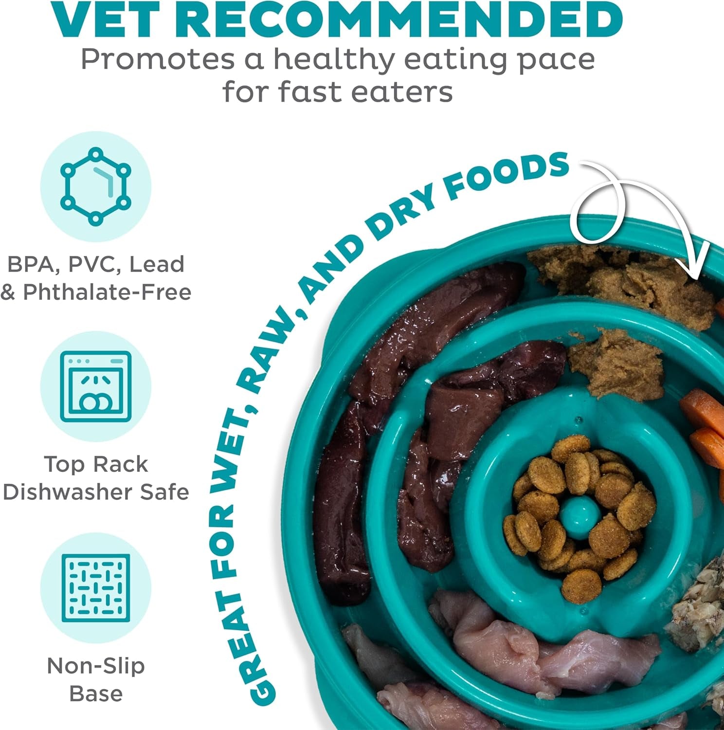Fun Feeder Slo Bowl – Medium 2‑Cup Capacity, Slow Feeding, Small to Medium Dogs & Cats, Non-Slip, Turquoise, Drop Pattern