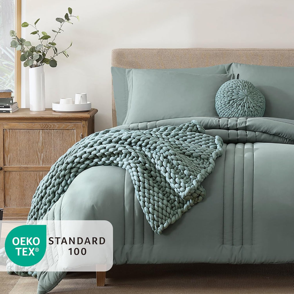 Full Size Comforter Sets - 7 Pieces Sage Green Bed in a Bag Full Size Bedding Sets with Comforter, Sheets, Pillowcases & Shams