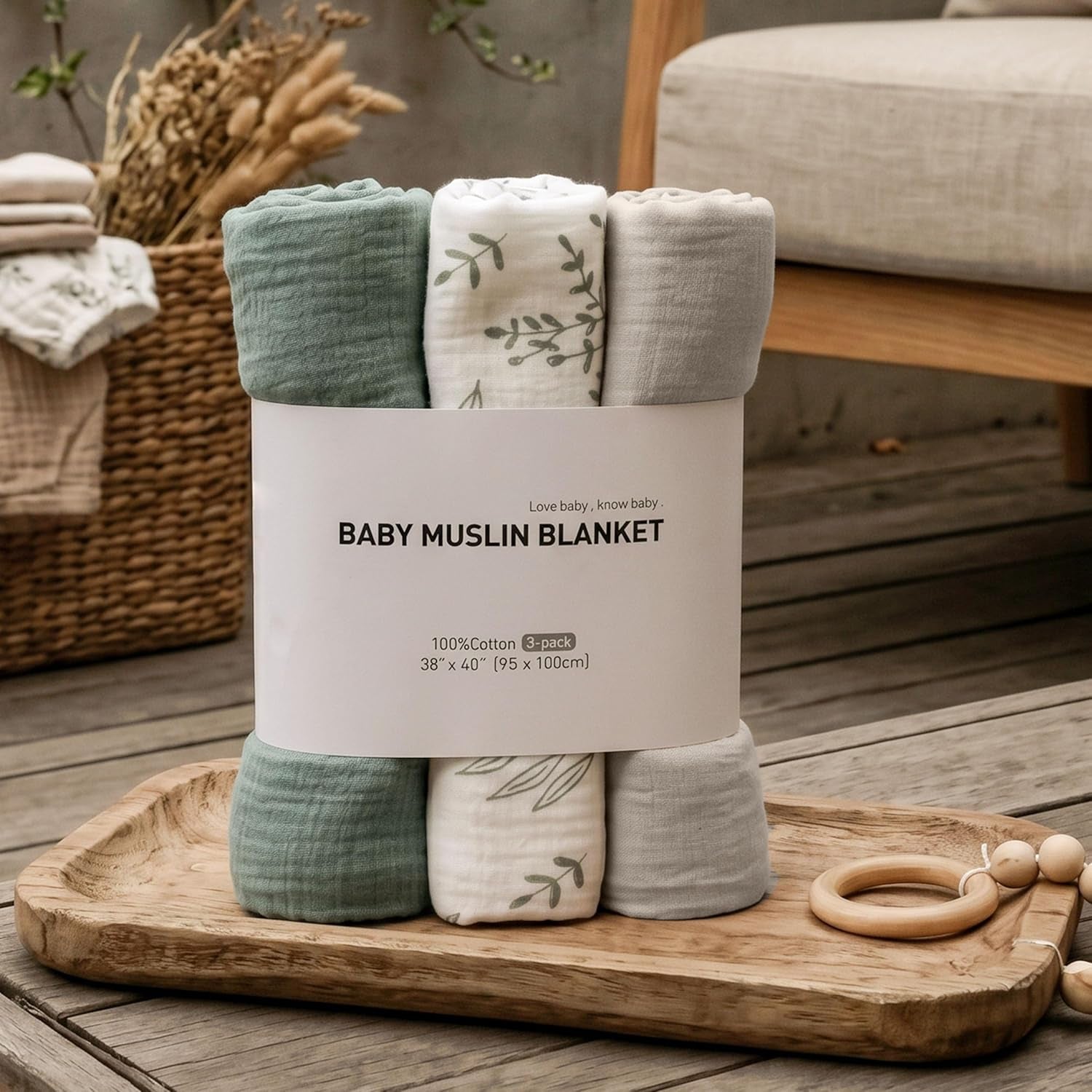 Muslin Swaddle Blankets for Newborn, 3 Pack Breathable Soft Receiving Blanket, Large 38 X 40 Inches Swaddle Wrap Burping Clothes, Essentials Infant Shower Items, Toddler Gift (Bright Colors)