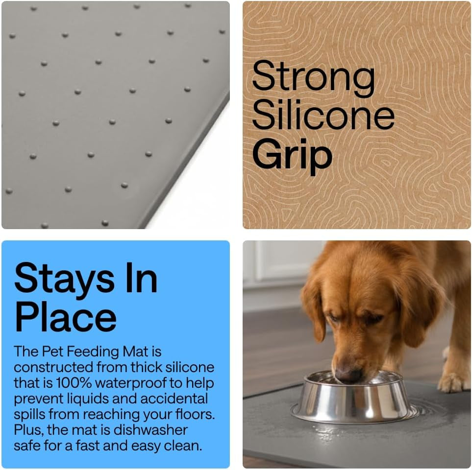 GORILLA GRIP 100% Waterproof Raised Edge BPA Free Silicone Pet Feeding Mat, Dog Cat Food Mats Contain Spills Protects Floors, Placemats for Cats and Dogs Water Bowl, 18.5X11.5, Gray