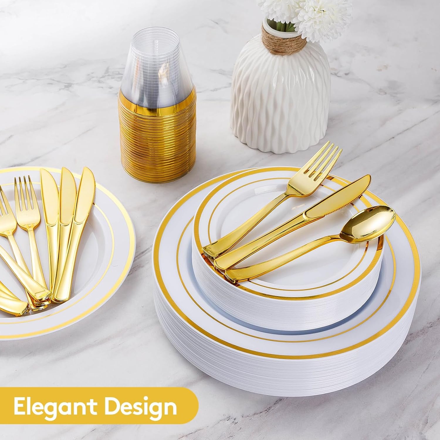600 Pieces Gold Disposable Plates for 100 Guests, Plastic Plates for Party, Dinnerware Set of 100 Dinner and 100 Dessert Plates, 100 Spoons, 100 Forks, 100 Knives, 100 Cups