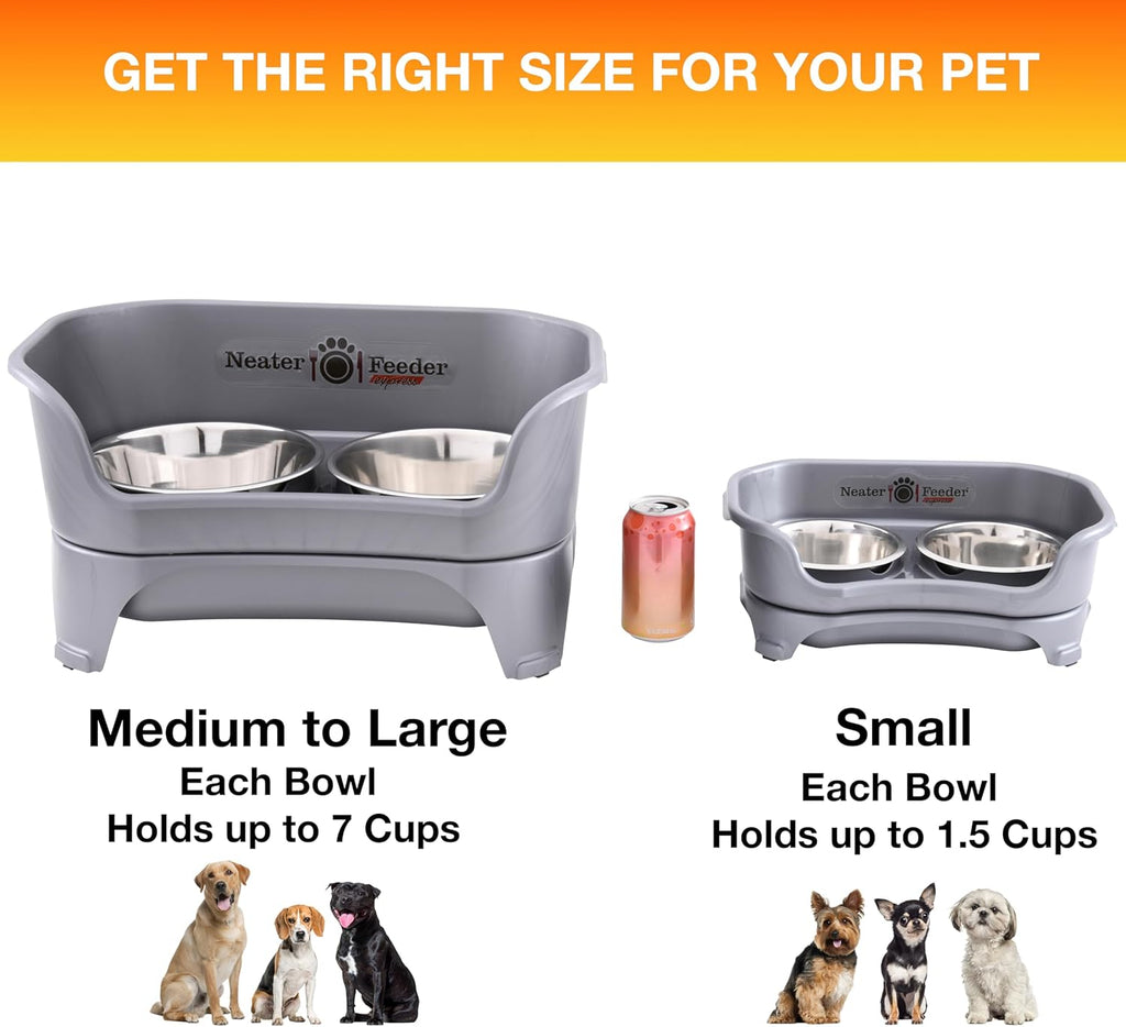 Express Mess Proof Dog Bowls Elevated for Small Breeds under 15 Lb, Made in USA, No Spill Raised Dog Food Bowl Stand, Stainless Steel Food and Water Bowl Set, Feeding Station, Grey